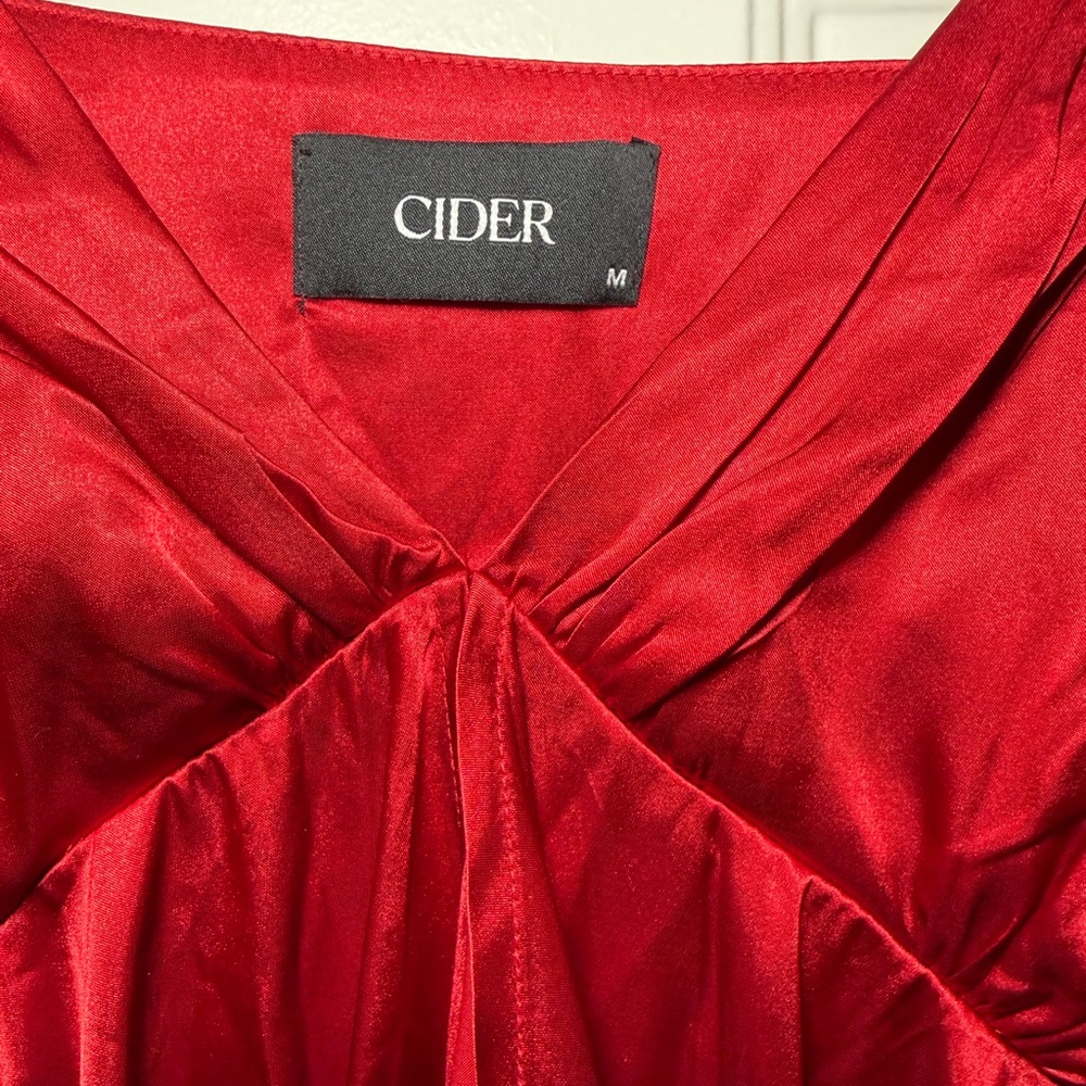 Cider Vibrant Red Satin Knotted Lace Ruffle Slip Dress - Picture 3 of 3